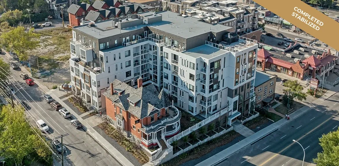 Aerial view of Nimmons mixed-use rental building at 1827 14th St SW in Bankview, Calgary