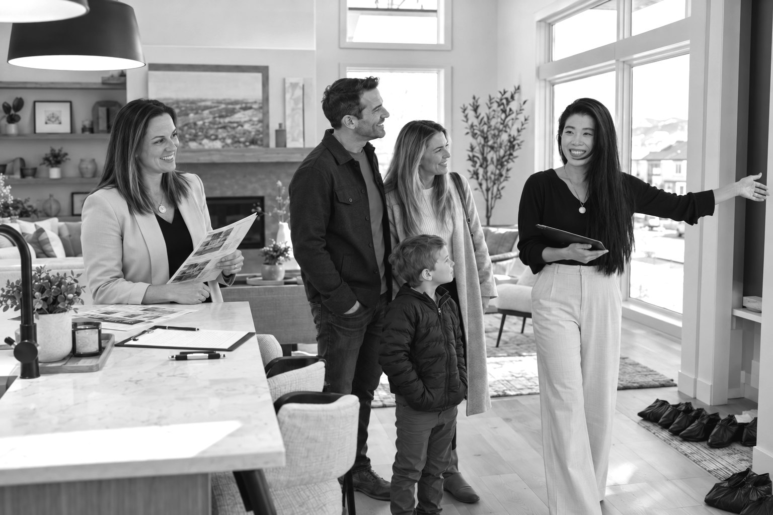 Tessa Blair and Shanna Lin of Salesmatic hosting a family at an open house in a new Calgary spec home