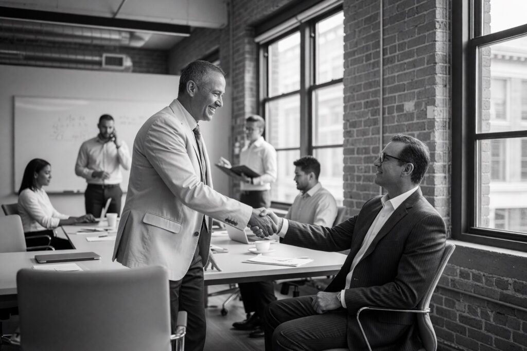 Handshake between a Salesmatic advisor and a developer client