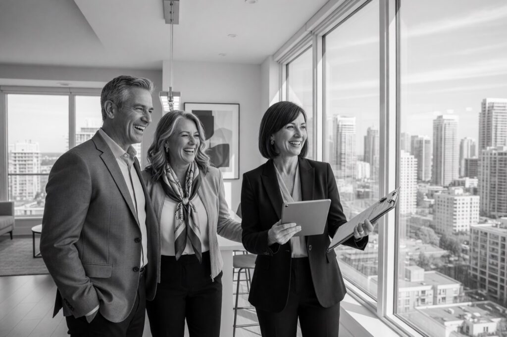 New home sales representative meeting buyers in a showhome