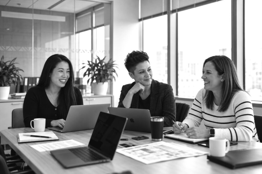 Laura Lambert, Tessa Blair and Shanna Lin of Salesmatic in a working session at the office