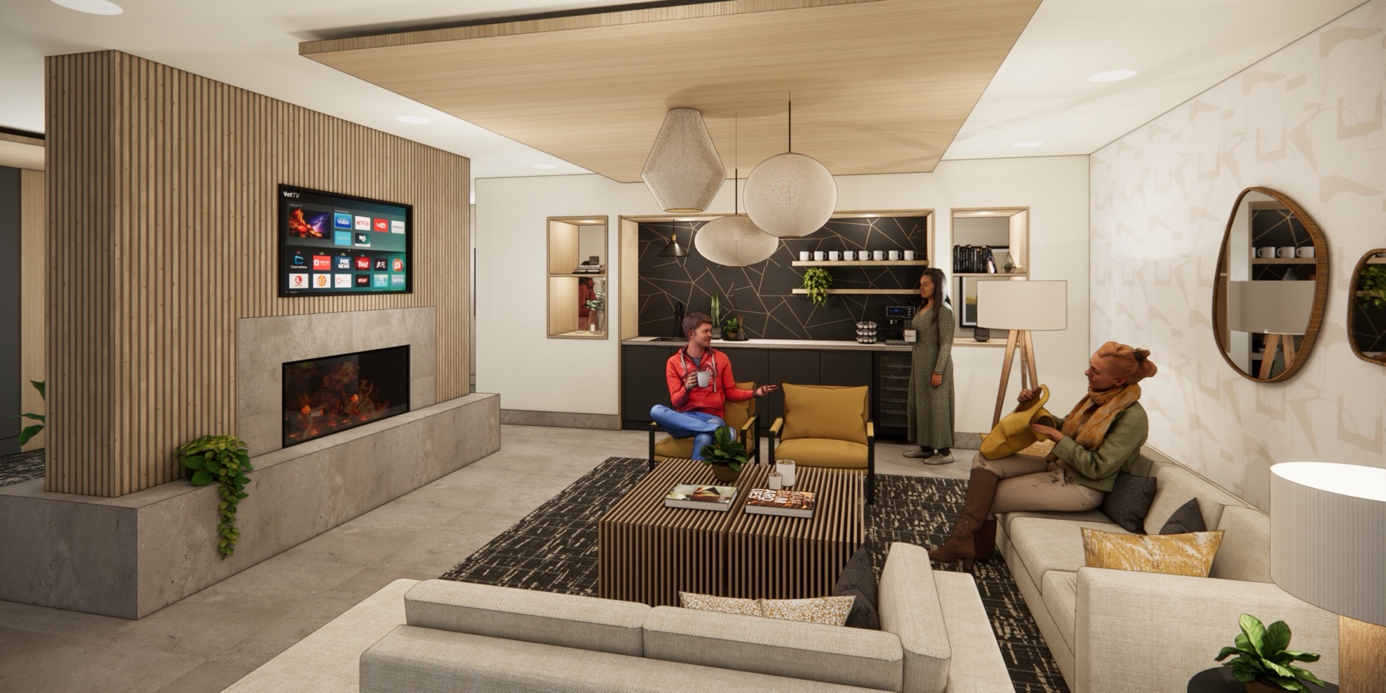 Lobby lounge with fireplace at The Glenn rental apartments in Glenridding, Edmonton